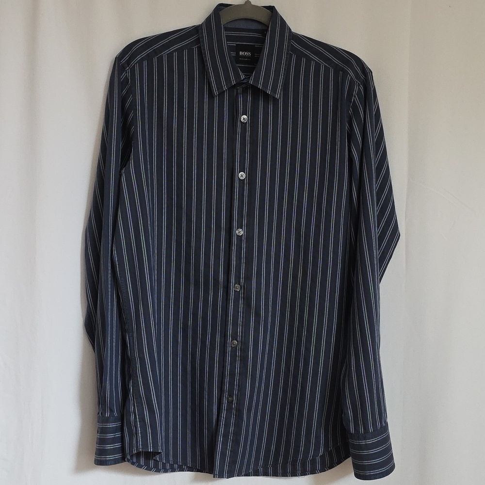 Hugo Boss Mens Blue & Black Stripe Regular Fit Shirt.  Size Small